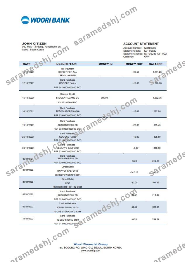 South Korea Woori bank statement